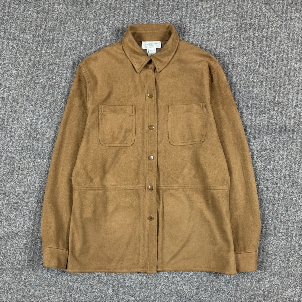 Jones New York Faux Suede Camel Brown Button Down Shirt Women’s M Petite Western